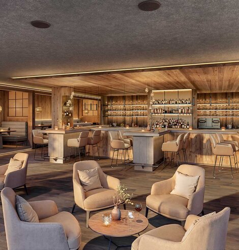 Moderne Bar mit Holzvertäfelung, mehreren Sitzbereichen mit Sesseln und Barhockern sowie beleuchteten Regalen mit Flaschen im Hintergrund