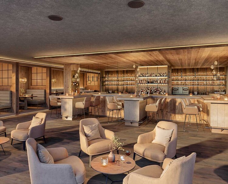 TheGreen-Visualisierung-EverGreenBar Moderne Bar mit Holzvertäfelung, mehreren Sitzbereichen mit Sesseln und Barhockern sowie beleuchteten Regalen mit Flaschen im Hintergrund