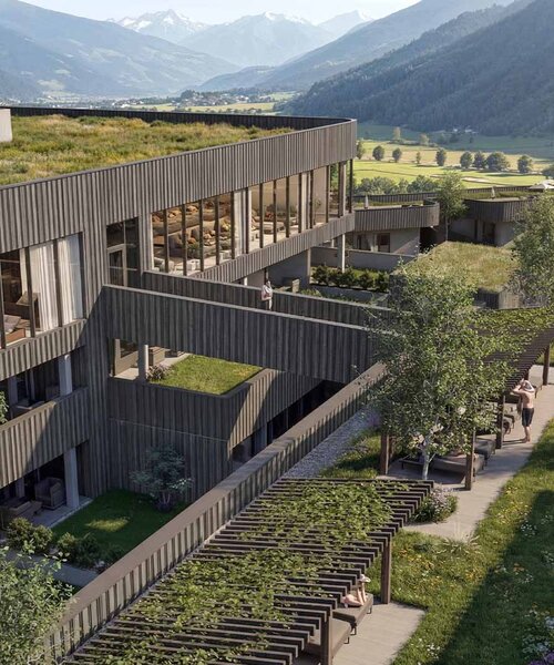 TheGreen-Visualisierung-Aussenaufnahme-2 Modernes Gebäude mit begrüntem Flachdach und Pool in einer Berglandschaft
