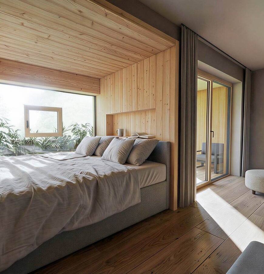 TheGreen-Visualisierung-Zimmer-1 Schlafzimmer mit großem Bett, Holzwänden und -boden, Pflanzen am Fenster und Zugang zu Balkon mit Sitzmöbeln
