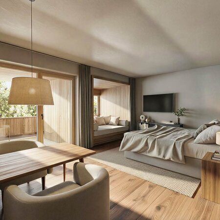 Modern eingerichtetes Schlafzimmer mit großem Bett, Holzboden, Esstisch mit Stühlen und großem Fenster mit Blick auf einen Balkon
