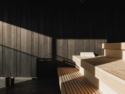 Innenraum einer Sauna mit Holzbänken und Holzwänden, beleuchtet durch Sonnenlicht mit Schattenwurf
